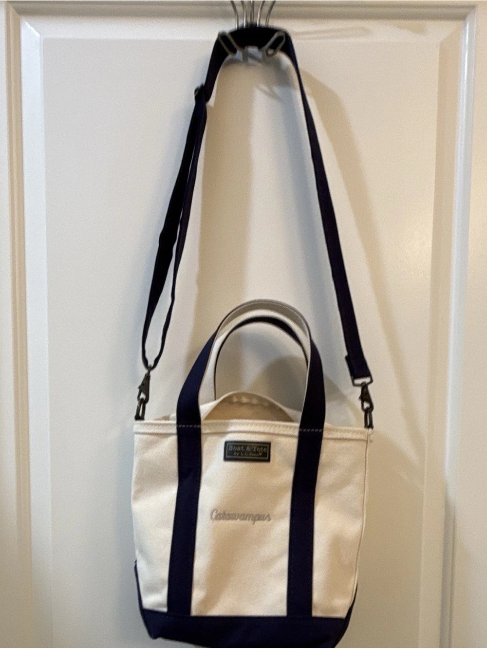 L.L. Bean Cream Canvas Messenger Tote with Navy Straps